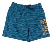 Modrozeleno-tmavomodré pruhované melírované plážové kraťasy s nápismi YIGGA