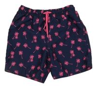 Tmavomodré plážové kraťasy s růžovými palmami PRIMARK