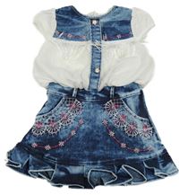 Modro-tmavomodro-biele plesňové rifľové šaty s kvetmi a strapcemi a krnoflíky