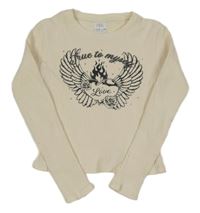 Smotanové rebrované crop tričko so srdiečkom a křídly a kamienkami ZARA