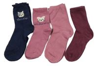 4x - Ponožky - Tmavomodré s kočičkou, starorůžové s myškou, starorůžové, vínové