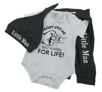 Nové - 3Set - Bílé body s dlaněmi a nápisy + tmavošedé melírované tepláky a čepice s nápisem 