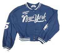 Tmavomodrá baseballová oversize crop mikina s nápisy a číslem a pruhy H&M