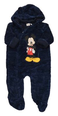 Tmavomodrá melírovaná plyšová podšitá kombinéza s Mickey a kapucňou Disney