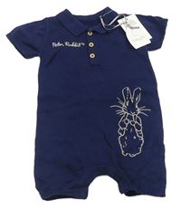 Tmavomodrý pletený polo kraťasový overal s Peter Rabbit Tu