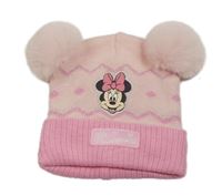 Růžová vzorovaná třpytivá čepice s Minnie a bambulemi