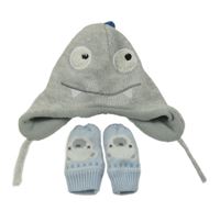 2set - Světlešedá melírovaná pletená čepice - příšerka + světlemodré rukavice s medvědem