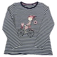 Tmavomodro-bílé pruhované triko s dívkou a kočkou Lupilu