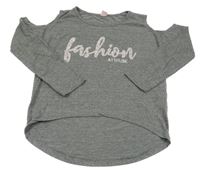 Sivé melírované tričko s nápisom s korálkami a prestrihmi Y.F.K.