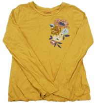 Okrové triko s květinami z flitrů C&A