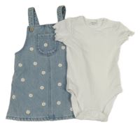 2set - Modré riflové laclové šaty s výšivkami květin + bílé žebrované body F&F