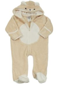 Béžovo-bílá chlupatá kombinéza s kapucí - medvěd Baby Mack
