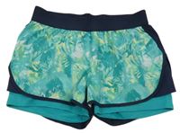 Tyrkysové vzorované športové funkčné kraťasy s všitými elastickými Domyos