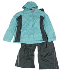 Nové - 2set - Světlemodro-tmavosivá šušťáková jarná funkčná bunda s kapucí + nepromokavé nohavice Crane