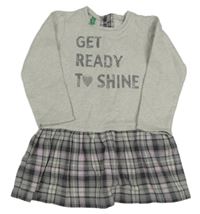 Sivé melírované teplákové šaty s šedo-fialovou kostkovanou sukní a nápisom Benetton