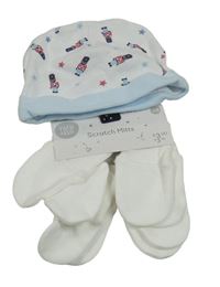 Nové - 5 set - 4x smotanové rukavice + bielo-modrá čapica s vojáčky