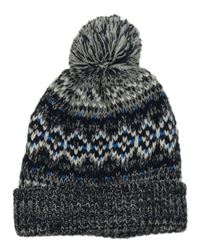 Šedo-černo-modrá vzorovaná pletená čepice s bambulí 