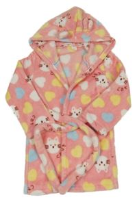 Růžový chlupatý župan s barevnými puntíky a kočkami a kapucí 