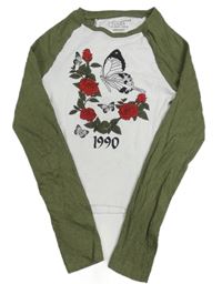 Bílo-khaki rebrované crop tričko s kvetmi a motýlkom Primark