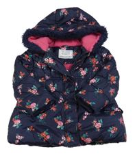 Tmavomodrá květovaná šusťáková zimní bunda s kapucí s kožešinou George