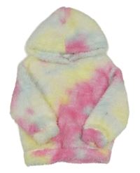 Žluto-růžovo-modrá chlupatá batikovaná mikina s kapucí 