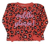 Korálovo-čierno-ružové fleecové pyžamové tričko s nápisom a leopardím vzorom Alive