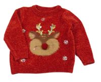 Červený žinylkový sveter so sobom C&A