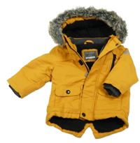 Hořčicová šusťáková zateplená bunda s kapucí s kožešinou Primark