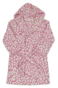 Růžovo-bílý plyšový župan s nápisem a leopardím vzorem a kapucí 