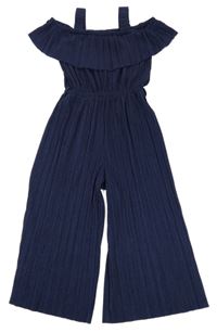 Tmavomodrý třpytivý plisovaný kalhotový culottes overal s volánkem C&A