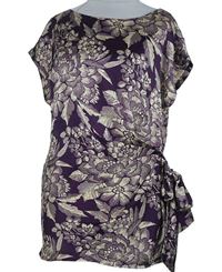 Dámksá purpurovo-smotanová kvetovaná saténová blúzka s mašlou