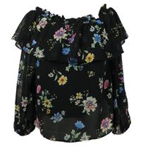 Dámska čierna kvetovaná šifónová blúzka s lodičkovým výstřihem H&M