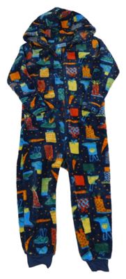 Tmavomodrá chlpatá kombinéza s obrázkami a kapucňou