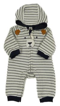 Bílo-tmavomodrá pruhovaná tepláková kombinéza s medvědem a kapucí Orchestra