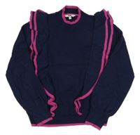 Tmavomodro-ružový sveter s volánikom WE