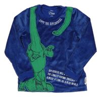 Tmavomodro-zelená plyšová mikina s dinosaurom a nápisom M&S