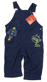 Nové - Tmavomodré plátěné podšité laclové kalhoty s raketou a dinosaurem 