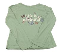 Světlekhaki tričko s nápisom a motýly Primark