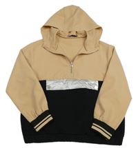 Béžovo-čierna bunda s kapucňou Zara