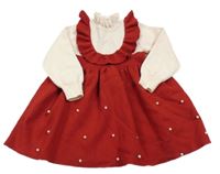 Červeno-pudrové úpletové šaty s perlami