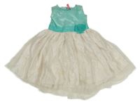 Smetanaovo-zelené síťovano/organzové šaty s květem 