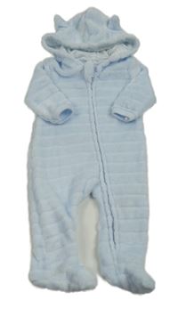 Svetlomodrá rebrovaná plyšová kombinéza s kapucňou s uškami