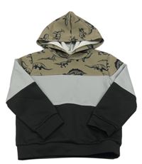 Čierno-sivo-bronzová športová mikina s dinosaurami a kapucňou