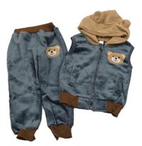 2Set - Tmavomodro/hnědá rebrovaná plyšová vesta s medvedíkom a kapucňou s oušky + nohavice