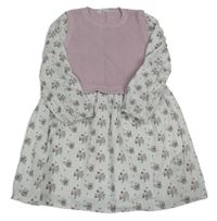 Bílé žebrované/vzorované šaty s kytičkami a lila svetrovou vestou PRIMARK