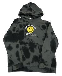 Tmavošedo-černá batikovaná mikina se smajlíkem a nápisy a kapsou a kapucí H&M