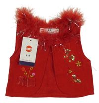 Nové - červená vlnená vesta s motýlikmi a kvietkami a flitrami a králičí srstí