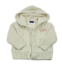 Smetanovo-stříbrný melírovaný vzorovaný pletený propínací podšitý svetr s mašlí a kapucí lupilu