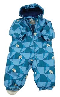 Modro-petrolejová vzorovaná šušťáková zimná kombinéza s medvedíkmi a odopínacíá kapucňou COLOR KIDS