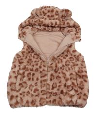 Svetloružová -mahagónovo-staroružová vzorovaná kožušinová podšitá vesta s kapucňou s uškami Nutmeg